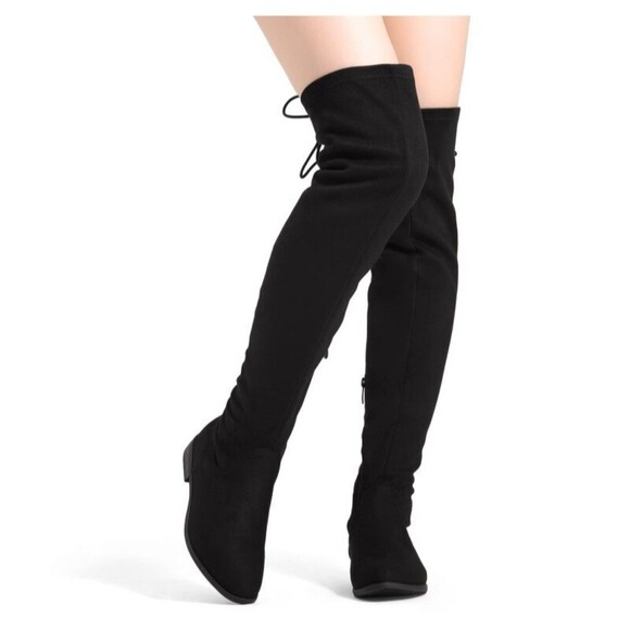 Dream Pair Thigh High Over The Knee Boots Size 8 Faux Suede Black Low Block Heel - Picture 2 of 16